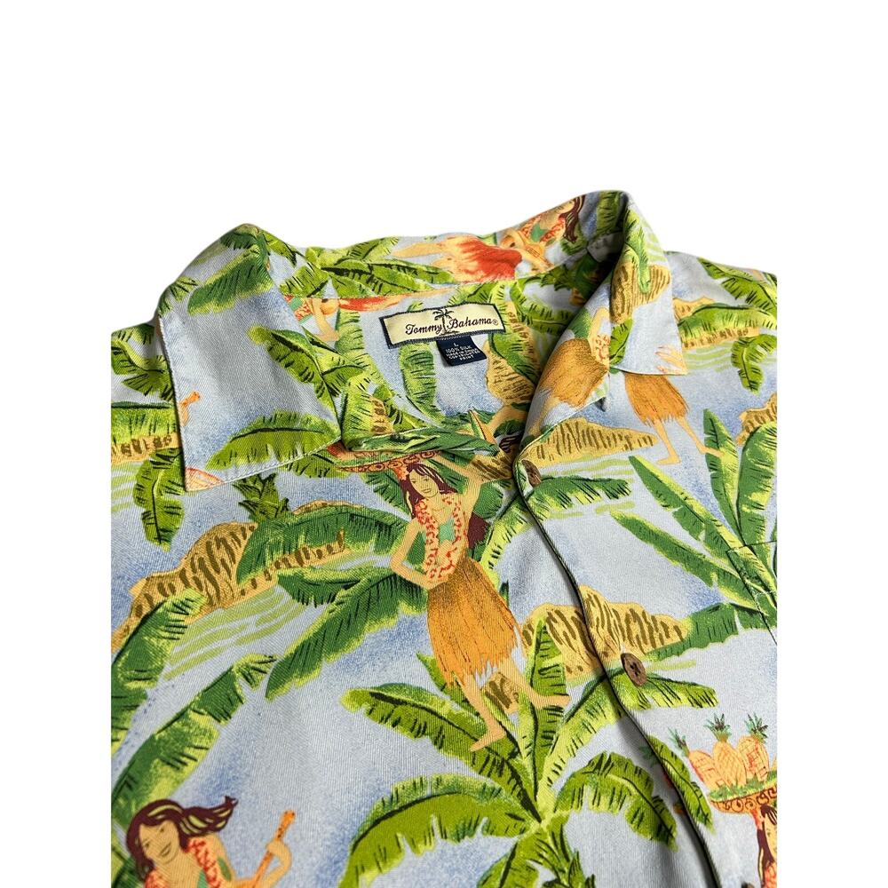 Tommy Bahama Shirt Mens Large Blue Hawaiian Hula Dancers Tropical Floral Camp
